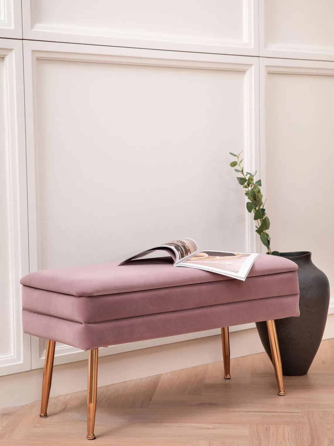 Discount Bizzotto Banquette en velours avec rangement Pavlina Velours mauve, pieds dorés