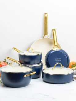 Outlet GreenPan Batterie de cuisine avec revêtement antiadhésif Padova, 10 élém. Bleu foncé, doré