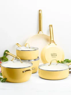 Fashion GreenPan Batterie de cuisine avec revêtement antiadhésif Padova, 10 élém. Jaune soleil, blanc crème, doré