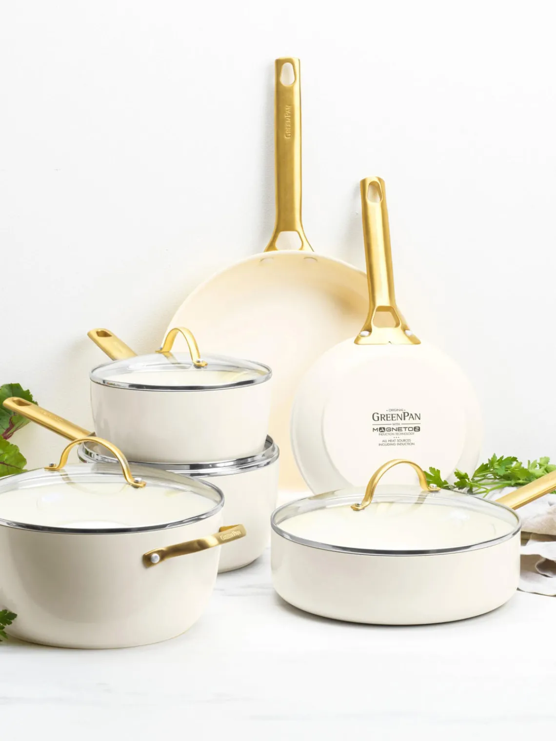 Sale GreenPan Batterie de cuisine avec revêtement antiadhésif Padova, 10 élém. Blanc crème, doré
