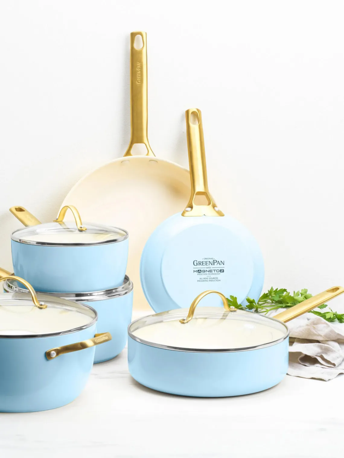 Clearance GreenPan Batterie de cuisine avec revêtement antiadhésif Padova, 10 élém. Bleu ciel, doré