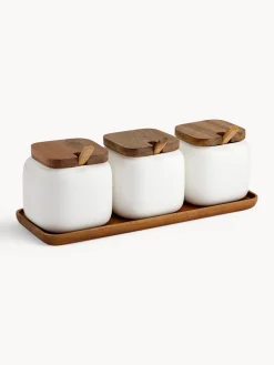 Fashion ladelle Bocaux de rangement avec plateau Essentials, 4 élém. Blanc, bois d'acacia