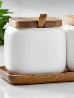 Fashion ladelle Bocaux de rangement avec plateau Essentials, 4 élém. Blanc, bois d'acacia