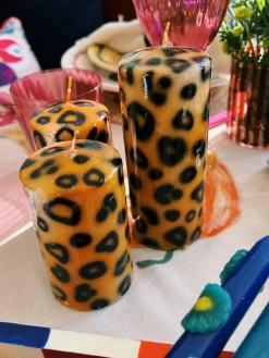 Hot Anna + Nina Bougie pilier artisanale Leopard, haut. 10 cm Brun clair, noir