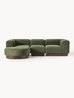 Clearance Westwing Collection Canapé modulable 3 places en peluche-bouclette avec pouf Natalie Peluche-bouclette vert foncé, bois de hêtre foncé