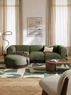 Clearance Westwing Collection Canapé modulable 3 places en peluche-bouclette avec pouf Natalie Peluche-bouclette vert foncé, bois de hêtre foncé