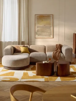 Best Westwing Collection Canapé modulable 3 places en peluche-bouclette avec pouf Natalie Peluche-bouclette beige, bois de hêtre foncé