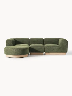 Clearance Westwing Collection Canapé modulable 3 places en peluche-bouclette avec pouf Natalie Peluche-bouclette vert foncé, bois de hêtre clair