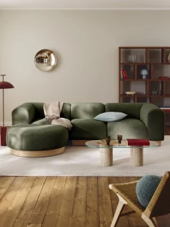 Clearance Westwing Collection Canapé modulable 3 places en peluche-bouclette avec pouf Natalie Peluche-bouclette vert foncé, bois de hêtre clair