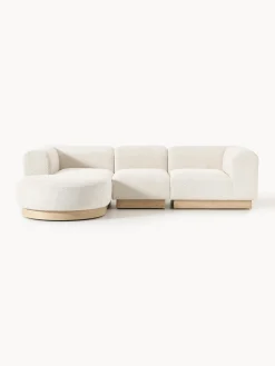 Best Westwing Collection Canapé modulable 3 places en peluche-bouclette avec pouf Natalie Peluche-bouclette blanc cassé, bois de hêtre clair