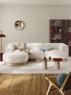 Best Westwing Collection Canapé modulable 3 places en peluche-bouclette avec pouf Natalie Peluche-bouclette blanc cassé, bois de hêtre clair