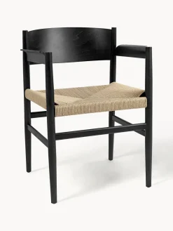 Hot Mater Chaise à accoudoirs en bois de hêtre avec assise tressée faite main Nestor Beige clair, bois de hêtre noir laqué