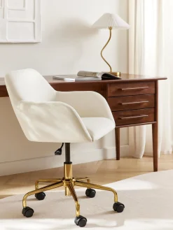 Clearance Westwing Collection Chaise de bureau en velours Lucie Velours blanc crème, doré