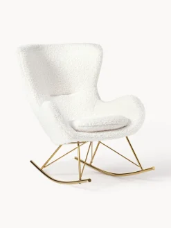New Westwing Collection Fauteuil à bascule en tissu peluche Wing Peluche blanc crème, cadre doré