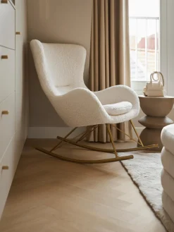New Westwing Collection Fauteuil à bascule en tissu peluche Wing Peluche blanc crème, cadre doré