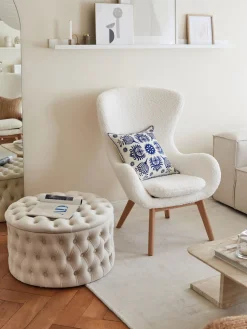 Clearance Westwing Collection Fauteuil à oreilles en peluche pieds en bois Wing Revêtement : blanc crème Pieds : bois de frêne