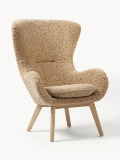 Discount Westwing Collection Fauteuil à oreilles en peluche pieds en bois Wing Peluche brun clair, bois de bouleau