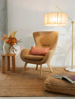 Discount Westwing Collection Fauteuil à oreilles en peluche pieds en bois Wing Peluche brun clair, bois de bouleau
