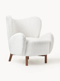 Online Westwing Collection Fauteuil à oreilles en tissu peluche Kalia Tissu peluche blanc, bois de hêtre foncé