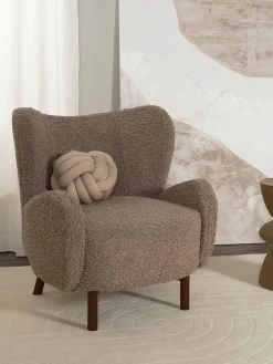Online Westwing Collection Fauteuil à oreilles Kalia Tissu peluche taupe, bois de hêtre foncé