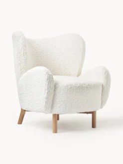 Hot Westwing Collection Fauteuil à oreilles tissu peluche Kalia Peluche blanc crème, bois de hêtre clair