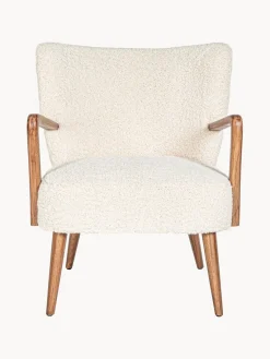 New Bizzotto Fauteuil lounge en peluche Moritz Peluche blanc crème, bois clair