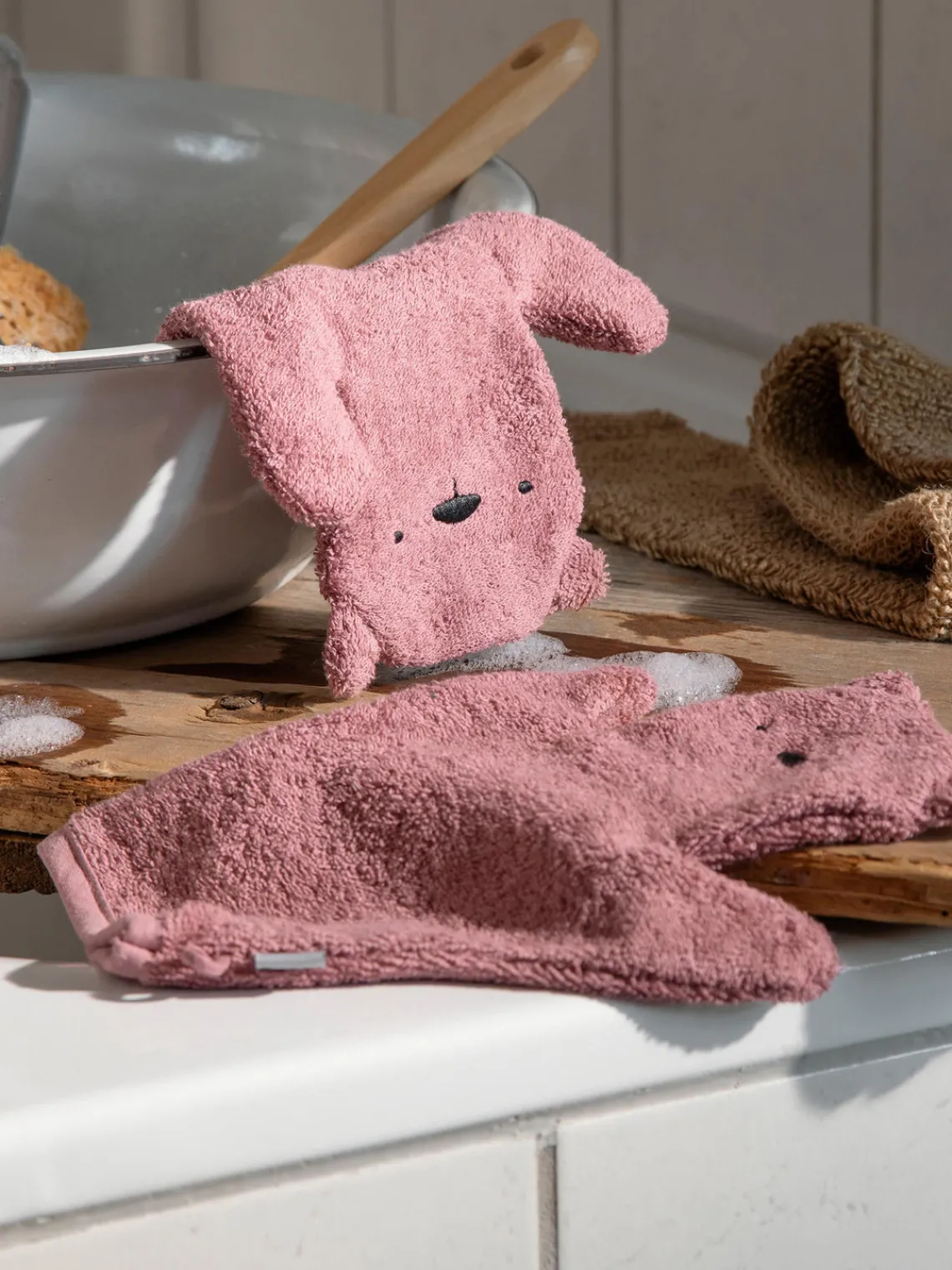 Fashion Sebra Gants de bain en éponge Terry, 2 pièces Rose, blanc crème