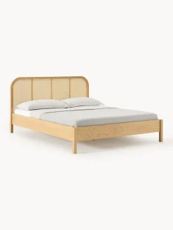 Best Westwing Collection Lit en bois avec tête de lit en cannage Jones Chêne clair, cannage beige