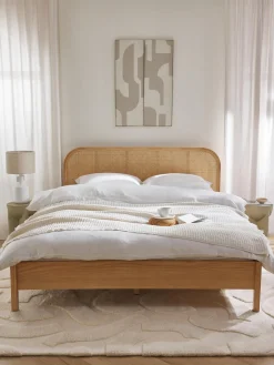 Best Westwing Collection Lit en bois avec tête de lit en cannage Jones Chêne clair, cannage beige