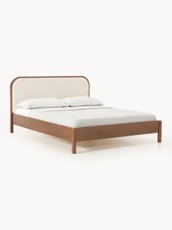 Clearance Westwing Collection Lit en bois avec tête de lit en bouclette Jones Chêne foncé, bouclette blanc cassé