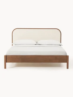 Clearance Westwing Collection Lit en bois avec tête de lit en bouclette Jones Chêne foncé, bouclette blanc cassé