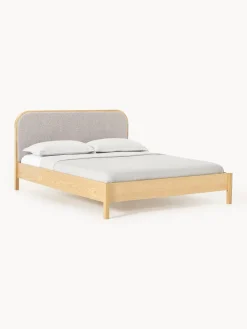 Best Westwing Collection Lit en bois avec tête de lit en bouclette Jones Chêne clair, bouclette taupe
