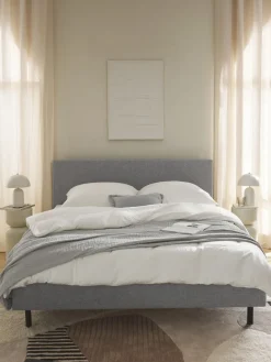 Best Westwing Collection Lit matelassé avec pieds en bois Giulia Tissu gris, hêtre noir laqué