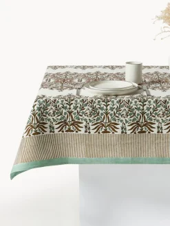 Best Bungalow Nappe avec motif à fleurs Jasmine Vert olive, brun, blanc cassé