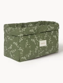 Sale Nobodinoz Panier de rangement en coton bio Stories Vert olive, blanc cassé, motif floral