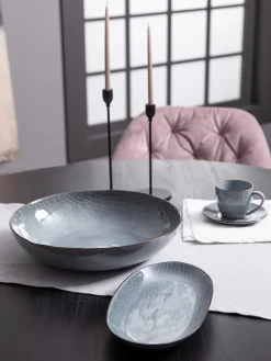 Fashion Broste Copenhagen Plat de service artisanal Nordic Sea, long. 30 cm Gris-bleu, chiné