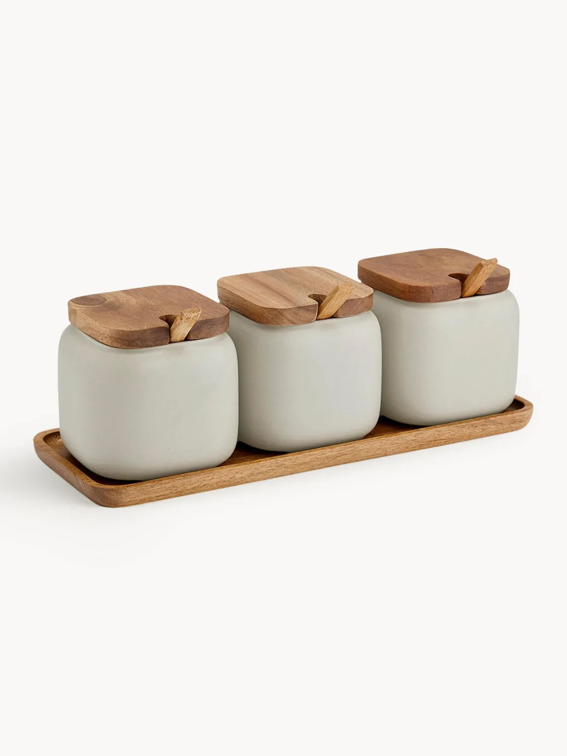 Outlet ladelle Pots en porcelaine avec accessoires en bois d'acacia Essentials, 7 élém. Beige clair, foncé bois