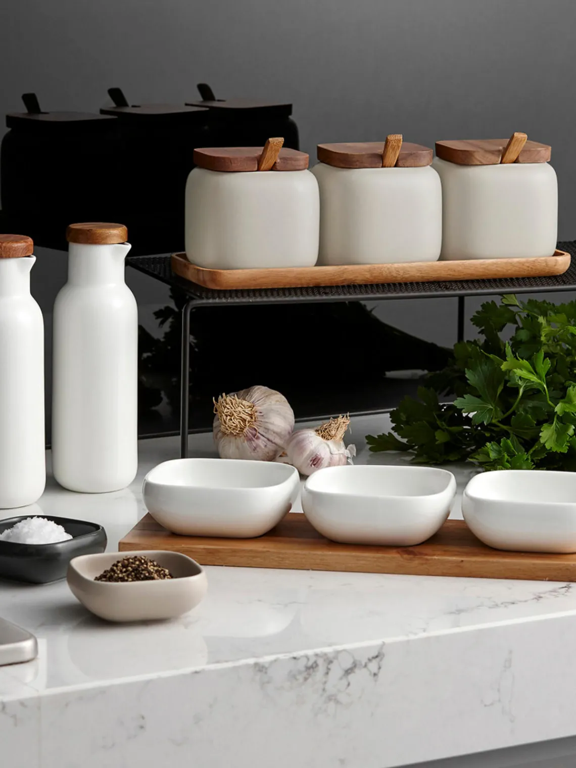 Outlet ladelle Pots en porcelaine avec accessoires en bois d'acacia Essentials, 7 élém. Beige clair, foncé bois
