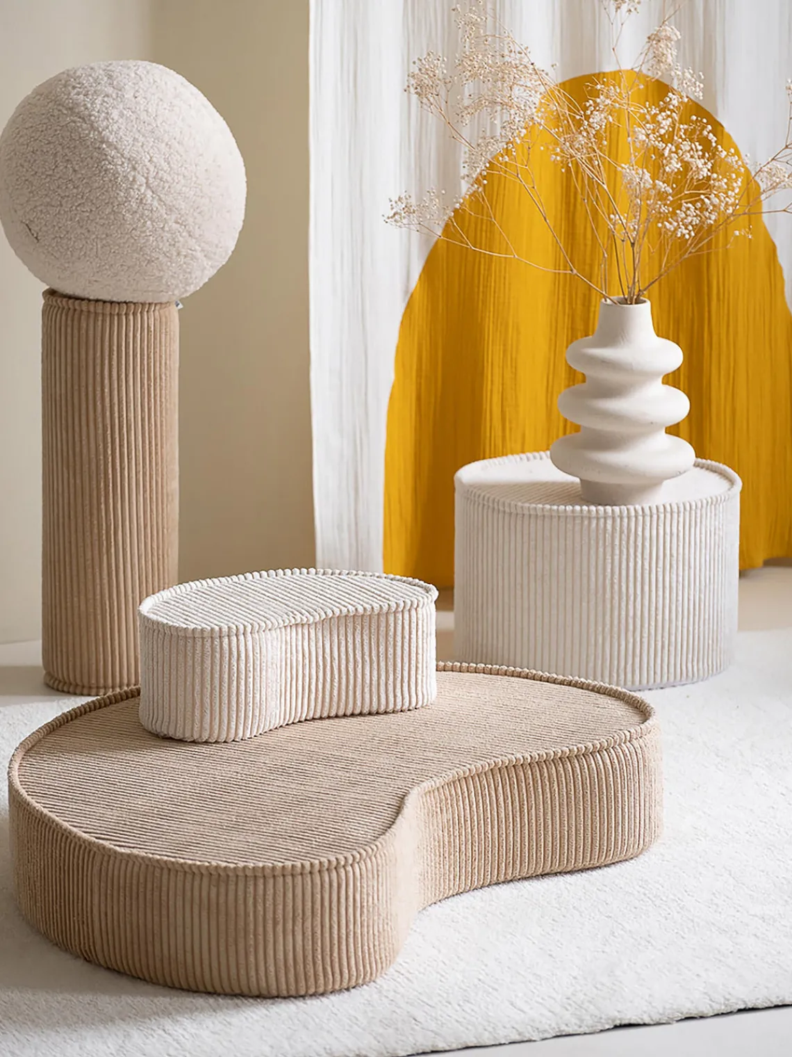 New Wigiwama Pouf en velours côtelé pour enfant Sugar, Ø 40 cm Velours côtelé beige
