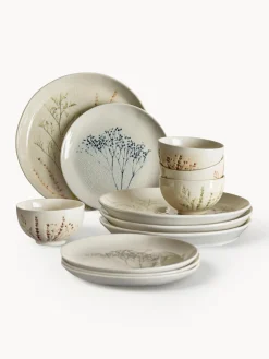 Clearance Bloomingville Service de table peint à la main motif botanique Bea, 4 personnes (12 élém.)