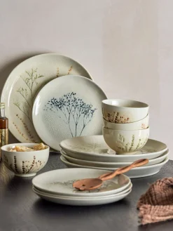 Clearance Bloomingville Service de table peint à la main motif botanique Bea, 4 personnes (12 élém.)