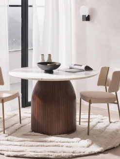 Best Westwing Collection Table ronde avec plateau en marbre Nelly, Ø 115 cm Blanc marbré, manguier foncé