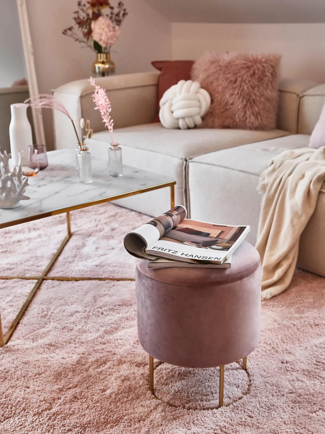 Sale Bizzotto Tabouret en velours avec rangement Polina Velours rose pâle