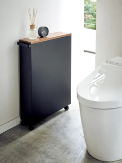 Sale Yamazaki Étagère de salle de bain avec roulettes Tower Noir, bois foncé