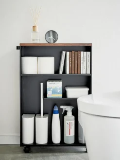 Sale Yamazaki Étagère de salle de bain avec roulettes Tower Noir, bois foncé