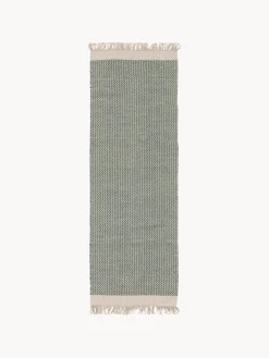Online Benuta Tapis d'entrée en laine à franges tissé main Kim Vert sauge, beige clair
