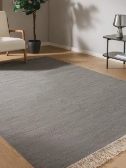 New Benuta Tapis en laine tissé à la main avec franges Liv Gris foncé