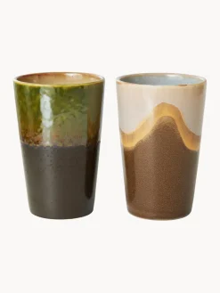 Hot HKLIVING Tasses XL en céramique émaillée peinte à la main 70's, 2 élém. Brun, beige, vert olive