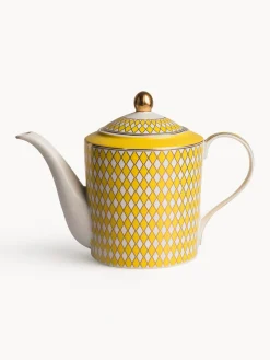 Discount Pols Potten Théière en porcelaine artisanal Chess, 1,1 L Jaune soleil, blanc cassé, doré