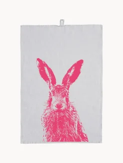 New Frohstoff Torchon en lin sérigraphié à la main Hare Gris clair, rose vif